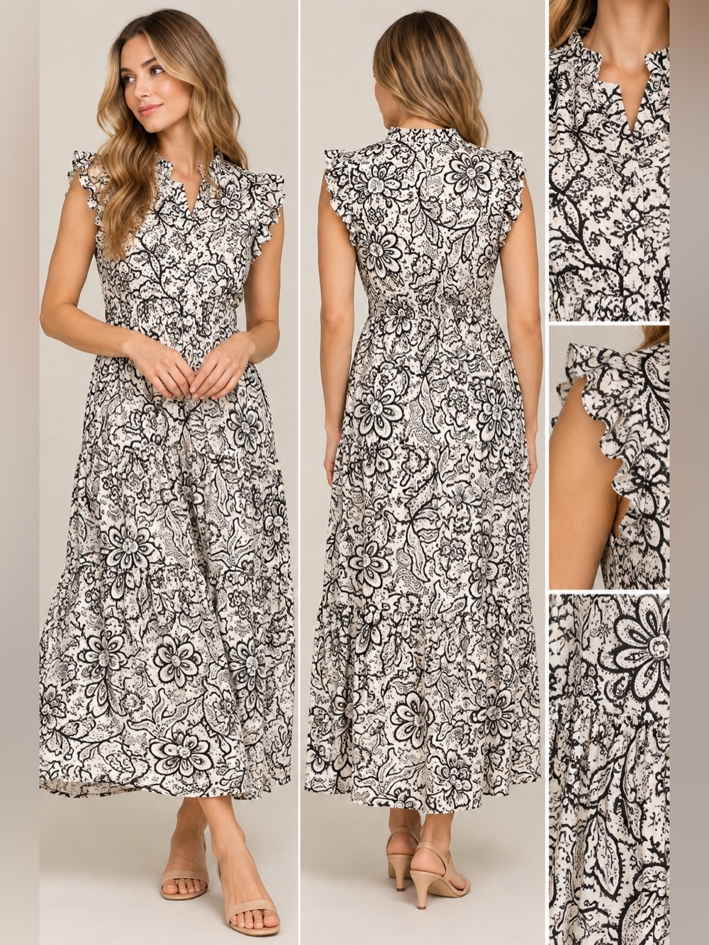 Who What Wear Black & White Floral Ruffle Sleeve Maxi Dress NWT Med